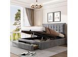 Letto Sweiko Con Contenitore E Cassetti, Tessuto In Velluto, Letto Imbottito, Rete A Doghe, Letto Matrimoniale, Ampio Vano Contenitore, 140 X 200 Cm, Grigio