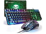 Set Di Tastiera E Mouse Da Gioco, Tastiera Qwerty Retroilluminata Arcobaleno A 104 Tasti Con Layout Uk + Mouse A 4 Pulsanti Da 2400 Dpi + Tappetino Per Mouse, Cavo Usb