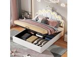 Letto Piano 140 X 200 Cm, Letto Imbottito, Letto Da Principessa, Illuminazione Ambiente Regolabile, Modanatura A Corona, Bianco