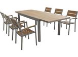 Milanihome.It - Set Tavolo E Sedie Da Giardino Per Esterno In Alluminio E Legno Resistente Di Teak Cm 160/240X95X75 H Con 6 Sedutedi Coloretaupe