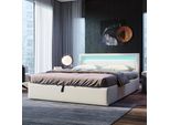 Letto Imbottito, Letto A Led, 140 X 200 Cm, Con Rete A Doghe E Contenitore, Con Testata Illuminata In Vari Colori, Bianco