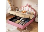 Letto Piano 140 X 200 Cm, Letto Imbottito, Letto Da Principessa, Illuminazione Ambiente Regolabile, Modanatura A Corona, Rosa