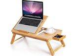 Costway Tavolo Per Laptop In Bambù Pieghevole, Tavolo Per Notebook Regolabile In Altezza, Inclinabile E Ventilato, Lapdesk Con Cassetto, Tavolo Da Letto Pieghevole Per Leggere La Colazione, Natura, 53 X 33 X 20-26,5 Cm