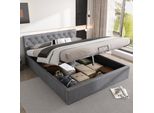 Letto Imbottito In Velluto, 140 X 200 Cm, Testata Con Bottoni, Letto Matrimoniale, Letto Idraulico Con Contenitore, Rete A Doghe, Grigio