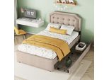 Letto Imbottito 90 X 200 Cm Piatto, Comodino Imbottito Con Rivetti Decorativi, Doppio Cassetto, Beige Scuro