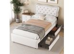 Letto Piano 90 X 200 Cm, Letto Imbottito, Comodino Imbottito Con Borchie Decorative, Doppio Cassetto, Beige Chiaro