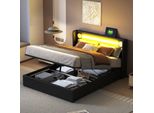 Letto Imbottito 140X200 Con Striscia Luminosa A Led, Lettore Bluetooth E Ricarica Usb, Letto Contenitore, Letto Matrimoniale, Nero