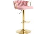 Sgabello Da Bar - Sgabello Da Cucina Regolabile In Altezza - Altezza 77-98 Cm - Girevole A 360° - Schienale Intrecciato - Seduta In Velluto - Poggiapiedi In Metallo - Rosa