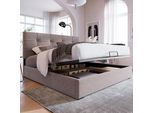 Letto Merax A Molle Idrauliche 140X200Cm Letto Imbottito Con Rete E Testiera Regolabile, Rete A Doghe In Metallo, Letto Matrimoniale In Legno Di Pino Letto Funzionale In Velluto, Grigio Chiaro