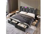 Letto Imbottito Sweiko 140X200Cm Con Testata Con Funzione Di Ricarica Usb E 4 Cassetti, Struttura Letto Matrimoniale Contenitore, Grigio (Senza Materasso)
