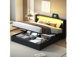 Letto Imbottito 160X200 Con Striscia Luminosa A Led, Lettore Bluetooth E Ricarica Usb, Letto Contenitore, Letto Matrimoniale, Nero