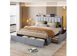 Letto Imbottito 160X200 Cm, Comodino Con Porta Di Ricarica Usb E Mensola, Letto Matrimoniale Piatto Con 4 Cassetti, Tessuto Di Lino Grigio