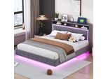 Letto Imbottito Merax 160X200Cm Con Presa Usb E Led, Letto Contenitore Con Testiera, Design Fluttuante, Letto Matrimoniale In Tessuto Di Lino, Grigio