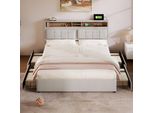 Letto Matrimoniale Con 4 Cassetti& Presa Usb C, Letto Imbottito 160X200Cm, Testata Regolabile In Altezza, Rete A Doghe In Legnosenza Materasso