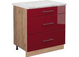 Vicco Mobiletto Base Per Cucina Fame-Line, 80 Cm Con 3 Cassetti, Pt Marmo, Rosso Bordeaux Lucido/Quercia Dorata