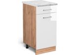 Vicco Mobiletto Base Per Cucina R-Line, 40 Cm Pl Marmo, Bianco Lucido/Quercia Dorata