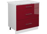 Vicco Mobiletto Base Per Cucina Fame-Line, 80 Cm Con 3 Cassetti, Pt Marmo, Rosso Bordeaux Lucido/Bianco