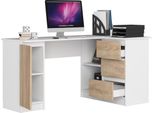 Bdw, Scrivania Angolare Destra, 3 Cassetti, 4 Ripiani, Bianco/Rovere Sonoma