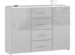 Bdw Cassettiera Lucida, 4 Cassetti, 2 Ante, 110X80 Cm, Bianco-Grigio