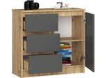 Bdw, Cassettiera, 3 Cassetti, 1 Anta, Armadio, Credenza, Rovere Artisan / Grigio