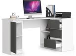 Bdw, Scrivania Angolare Destra, 3 Cassetti, 4 Ripiani, Bianco/Grigio