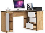 Bdw, Scrivania Angolare Destra, 3 Cassetti, 4 Ripiani, Rovere Artigianale / Bianco