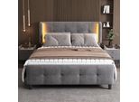 Letto Imbottito Flieks 140X200Cm Con Led, Letto Giovanile Letto Matrimoniale Letto In Legno Con Rete A Doghe, Letto Classico Con Testiera Regolabile, Velluto, Grigio