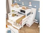 Letto A Castello Flieks Con Scale, Letto Per Bambini 90X200Cm/140X200Cm Con Rete A Doghe, Letto A Soppalco Con Protezione Anticaduta, Letto Contenitore In Legno Massiccio Con Cassetti, Bianco