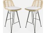 Set Di 2 Sgabelli Da Bar In Metallo E Rattan, 67Cm, Marrone Naturale