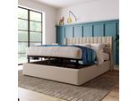 Letto Imbottito Sweiko 180X200Cm, Letto Matrimoniale Idraulico, Letto In Legno Massiccio Con Testiera E Rete A Doghe, Letto Contenitore, Biancheria Da Letto, Beige