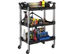 Homcom Carrello Da Officina Con 3 Ripiani, Carrello Portautensili Pieghevole Con Maniglia, Carrello Di Montaggio Per Magazzino, Garage, Capacità Di Carico Fino A 68 Kg, Nero
