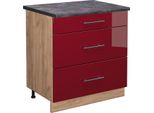 Vicco Mobiletto Base Per Cucina Fame-Line, 80 Cm Con 3 Cassetti, Pt Antracite, Rosso Bordeaux Lucido/Quercia Dorata
