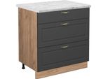 Vicco Mobiletto Base Per Cucina Fame-Line, 80 Cm Con 3 Cassetti, Pt Marmo, Antracite-Oro/Quercia Dorata