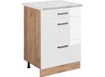 Vicco Mobiletto Base Per Cucina R-Line, 60 Cm Pl Marmo, Bianco Lucido/Quercia Dorata