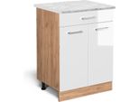 Vicco Mobiletto Base Per Cucina R-Line, 60 Cm Pl Marmo, Bianco Lucido/Quercia Dorata