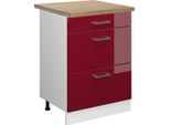 Vicco Mobiletto Base Per Cucina R-Line, 60 Cm Con Cassetti, Pl Rovere, Rosso Lucido/Bianco
