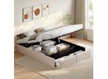 Letto Imbottito Fortuna Lai 140X200 Cm, Letto In Lino Con Rete A Doghe, Contenitore Idraulico E 2 Cassetti, Beige