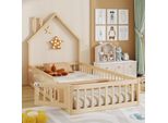 Letto Per Bambini Merax 90X200Cm Con Rete A Doghe, Letto A Terra Con Ringhiera E Porta, Letto In Legno Di Pino Letto Singolo Casa Letto Per Bambini Con Camino, Natura