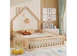 Letto Per Bambini Merax 140X190 Cm Con Camino E Sponda Di Sicurezza Integrale, Letto A Terra Con Rete A Doghe, Letto In Legno, Letto Matrimoniale, Pino, Naturale