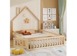 Letto Per Bambini Merax 140X200 Cm Con Camino E Sponda Di Sicurezza Integrale, Letto A Terra Con Rete A Doghe, Letto In Legno, Letto Matrimoniale, Pino, Naturale