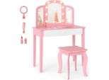 Costway Tavolo Da Trucco Per Bambini Con Sedia E Specchio Illuminato, Scrivania Per Bambine Con Cassetto, Protezione Antiribaltamento, Tavolo Da Trucco Per 3-12 Anni, Rosa