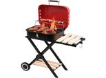 Barbecue A Carbonella Mobile Pieghevole | Carrello Per Barbecue Con Coperchio, Griglia Cromata E Scaldavivande | Barbecue Da Campeggio Con Ripiani In Legno E Rotelle | Barbecue Pieghevole Compatto Per Giardino E Balcone