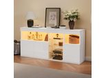 Credenza Merax Lucida Con Led, Mobile Da Soggiorno A 3 Ante Con Ripiani In Vetro, Credenza Moderna Senza Maniglie, Bianco