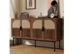 Credenza Moderna Merax In Rattan E Legno Di Noce, Credenza A 4 Ante, Cassettiera Per Il Soggiorno, Noce