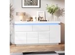 Credenza Merax Con Illuminazione A Led, Cassettiera Con 2 Cassetti E 4 Ante, Mobile Da Soggiorno Con Ampio Spazio Di Archiviazione, Bianco Lucido