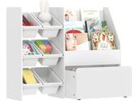 Scaffale Per Giocattoli, Scaffale Per Camerette Con 6 Contenitori, Scaffale Per Libri, Scatola Arrotolabile, 100 X 30 X 80 Cm, Mdf, Acciaio, Bianco