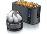 Arendo - Set Tostapane Frukost Con Cuociuova Sevencook In Acciaio Inox Grigio, Tostapane 4 Fette, Display Led, 6 Livelli Di Doratura, Porta Panini - Cuociuova 1-7 Uova, Misurino