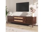 Mobile Tv Merax Con 2 Cassetti E 2 Ante Scorrevoli Curve, Lavagna Bassa Con Intreccio In Rattan, Larghezza 170 Cm, Noce