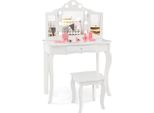 Costway Tavolino Da Toilette Per Bambini 2 In 1, Tavolino Da Toilette Con Luci Led, Specchio Pieghevole E Cassetti (Bianco)