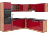 Vicco Cucina Angolare Completa R-Line, 247 X 60 Cm , Pl Antracite, Rosso Lucido/Rovere Dorato/Quercia Dorata